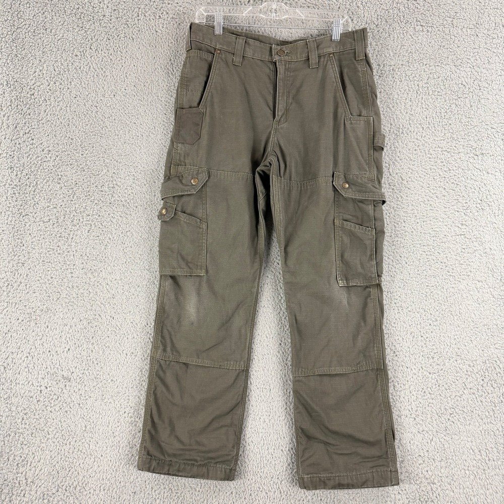 Carhartt Cargo Pants Mens 32x30 Green Flannel Lined Ripstop Relaxed Fit Workwear